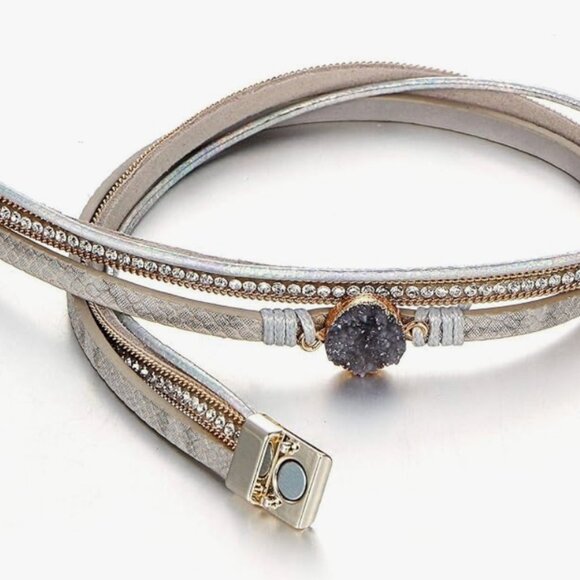 Leather Wrap Bracelets Multi-Layer Crystal Beads Cuff Bracelet Jewelry - AGATE - Picture 4 of 7